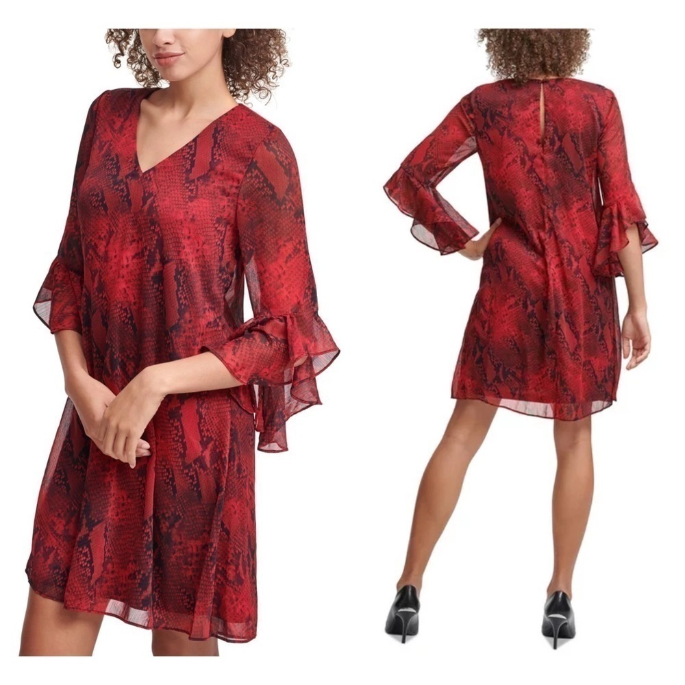 Calvin KLEIN Womens Red Ruffled Animal Print 3/4 Sleeve V Neck Short Party Shift